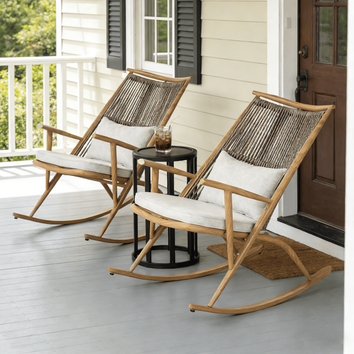 Set of 2 Iron Rocking Chairs with Maple Finish & Grey Ceramic Tile Side Table Set - 1st Choice Furniture Direct