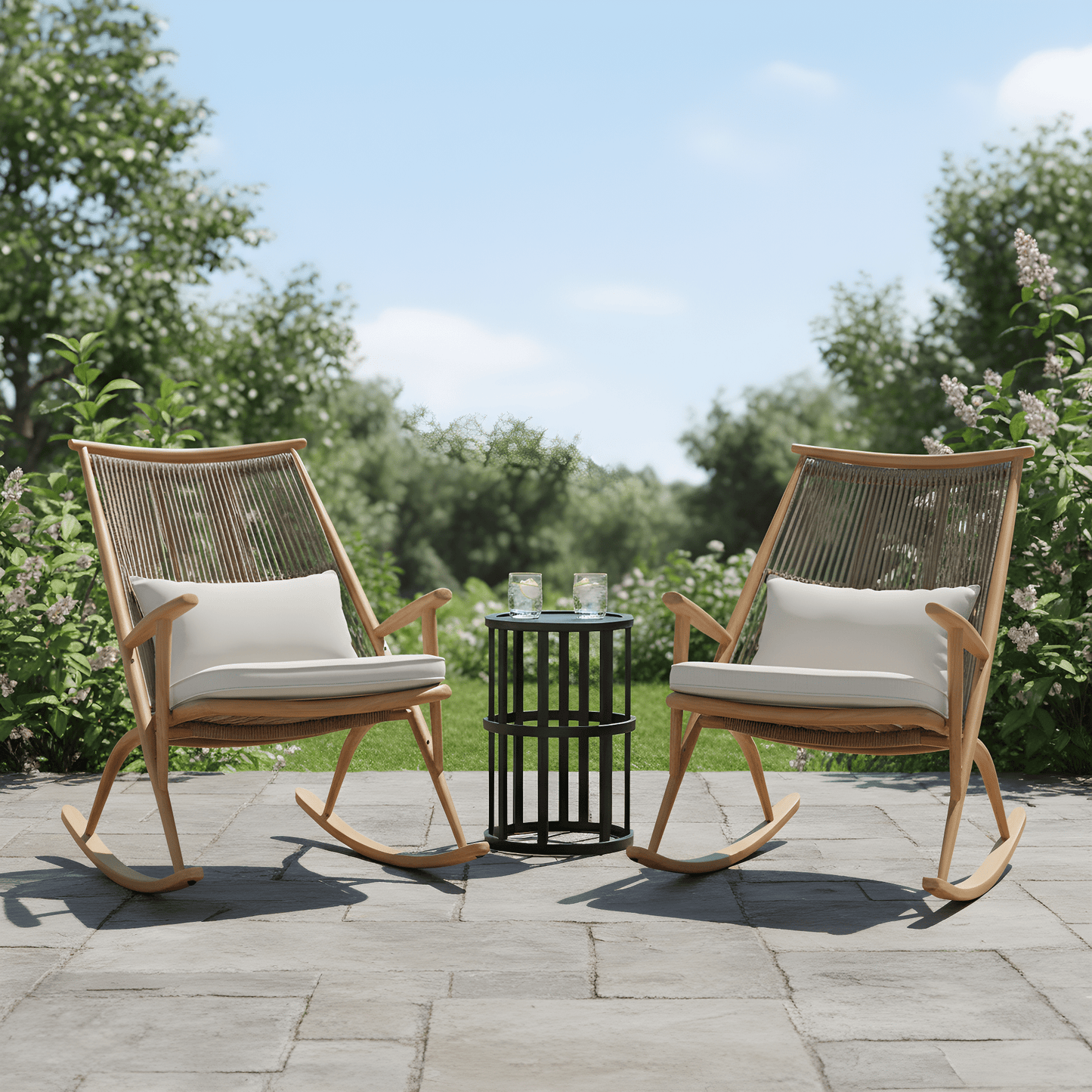 Set of 2 Iron Rocking Chairs with Maple Finish & Grey Ceramic Tile Side Table Set - 1st Choice Furniture Direct