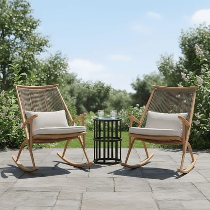 Set of 2 Iron Rocking Chairs with Maple Finish & Grey Ceramic Tile Side Table Set - 1st Choice Furniture Direct
