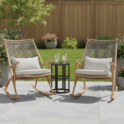 Set of 2 Iron Rocking Chairs with Maple Finish & Grey Ceramic Tile Side Table Set - 1st Choice Furniture Direct