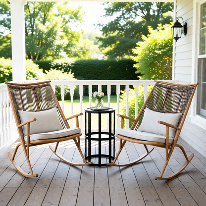 Set of 2 Iron Rocking Chairs with Maple Finish & Grey Ceramic Tile Side Table Set - 1st Choice Furniture Direct