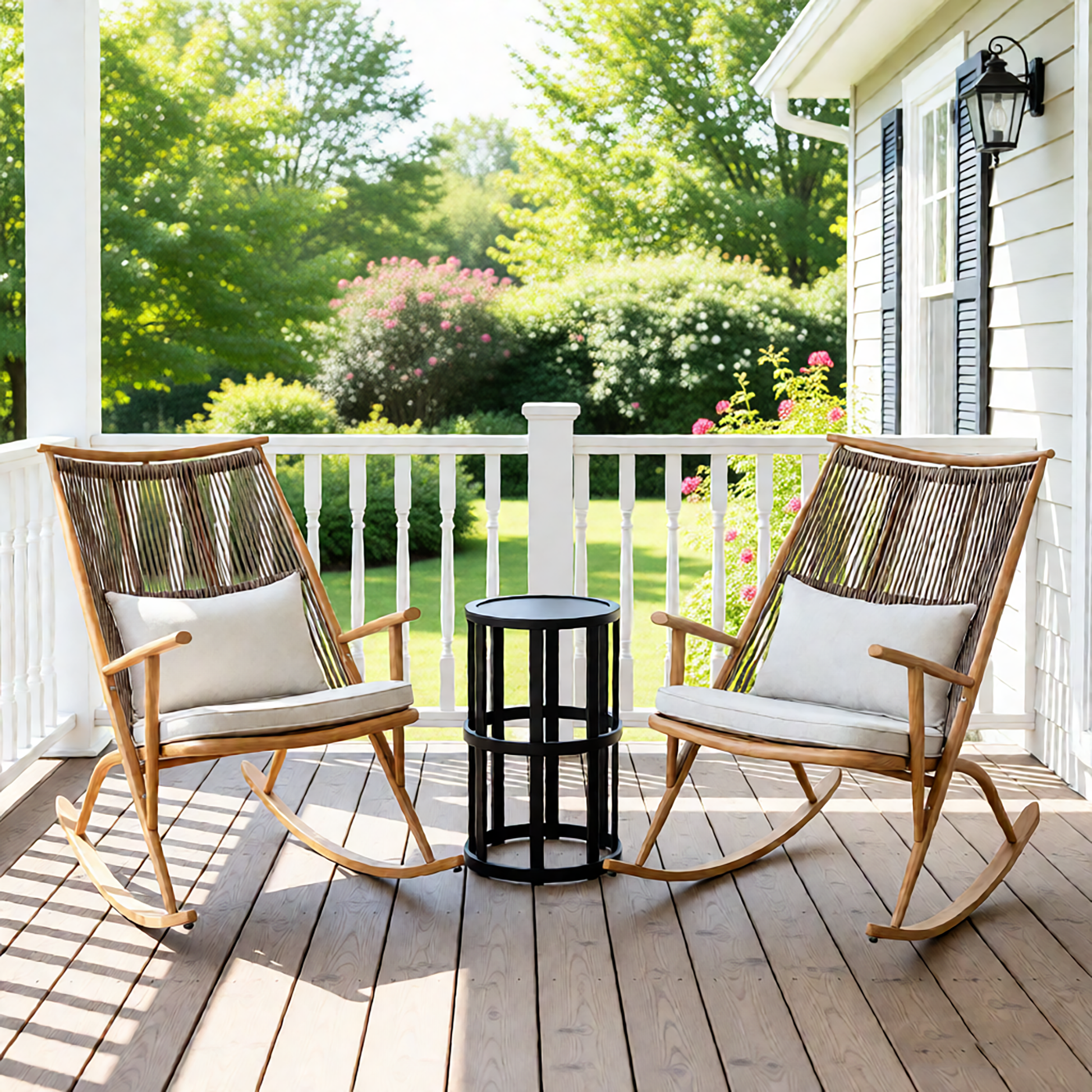 Set of 2 Iron Rocking Chairs with Maple Finish & Grey Ceramic Tile Side Table Set - 1st Choice Furniture Direct