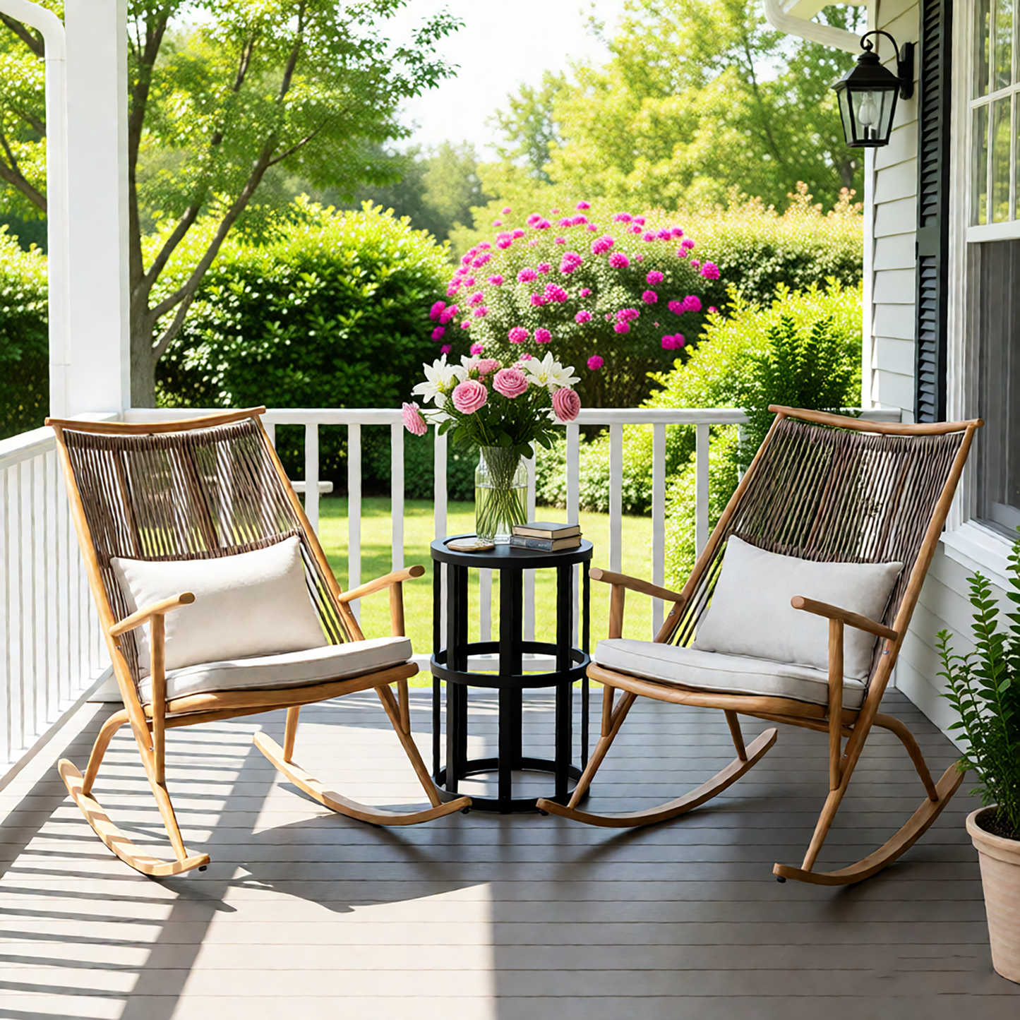 Set of 2 Iron Rocking Chairs with Maple Finish & Grey Ceramic Tile Side Table Set - 1st Choice Furniture Direct