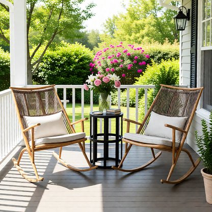 Set of 2 Iron Rocking Chairs with Maple Finish & Grey Ceramic Tile Side Table Set - 1st Choice Furniture Direct