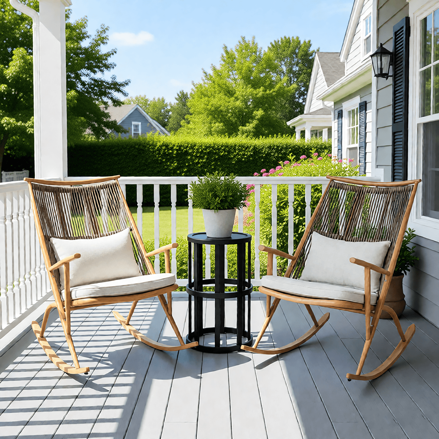 Set of 2 Iron Rocking Chairs with Maple Finish & Grey Ceramic Tile Side Table Set - 1st Choice Furniture Direct