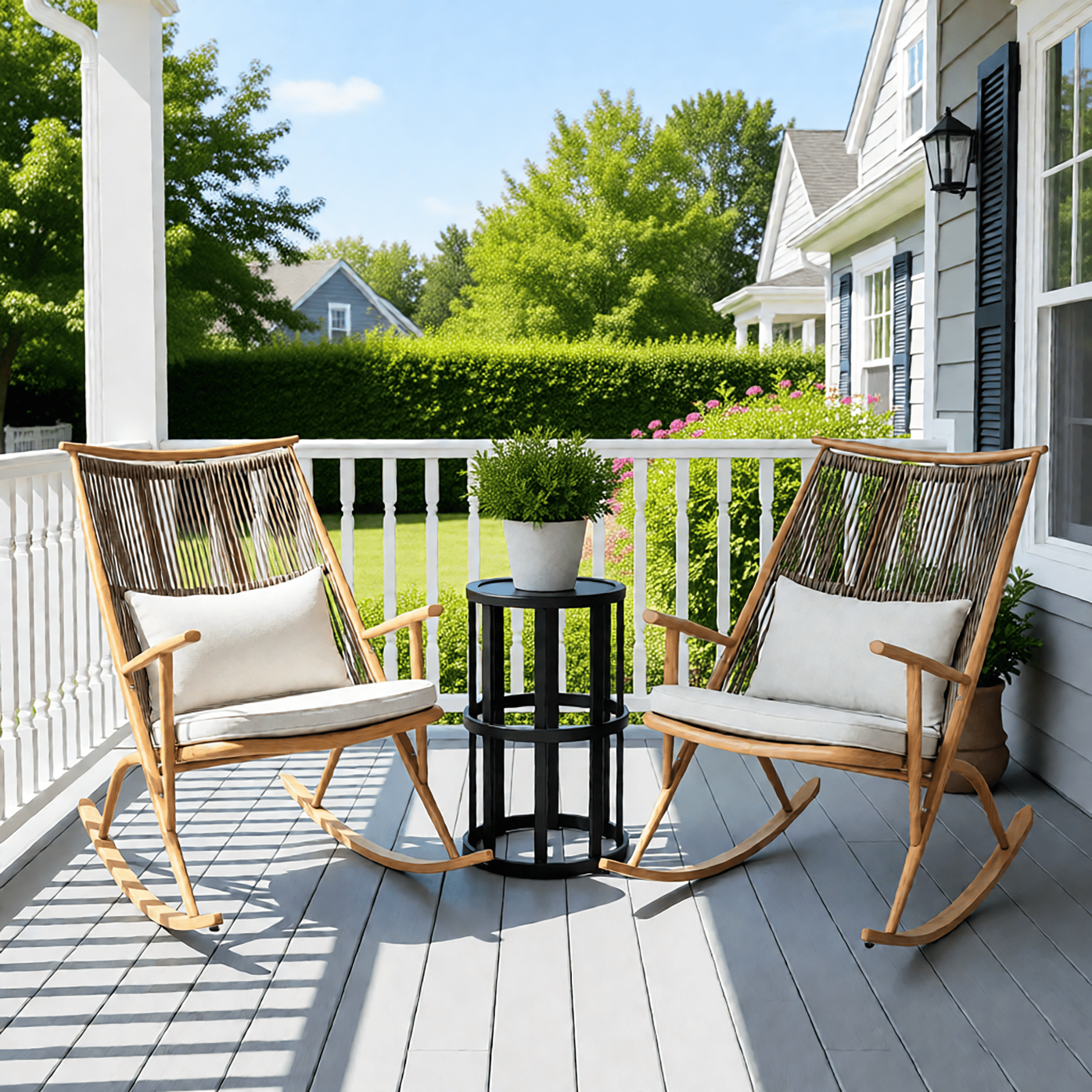 Set of 2 Iron Rocking Chairs with Maple Finish & Grey Ceramic Tile Side Table Set - 1st Choice Furniture Direct