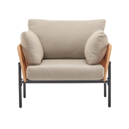 Set of 2 Lounge Chairs with Cushions, Beige and Light Wood - Tone Rope Accents, Iron and PE Rattan, 36 Inches - 1st Choice Furniture Direct