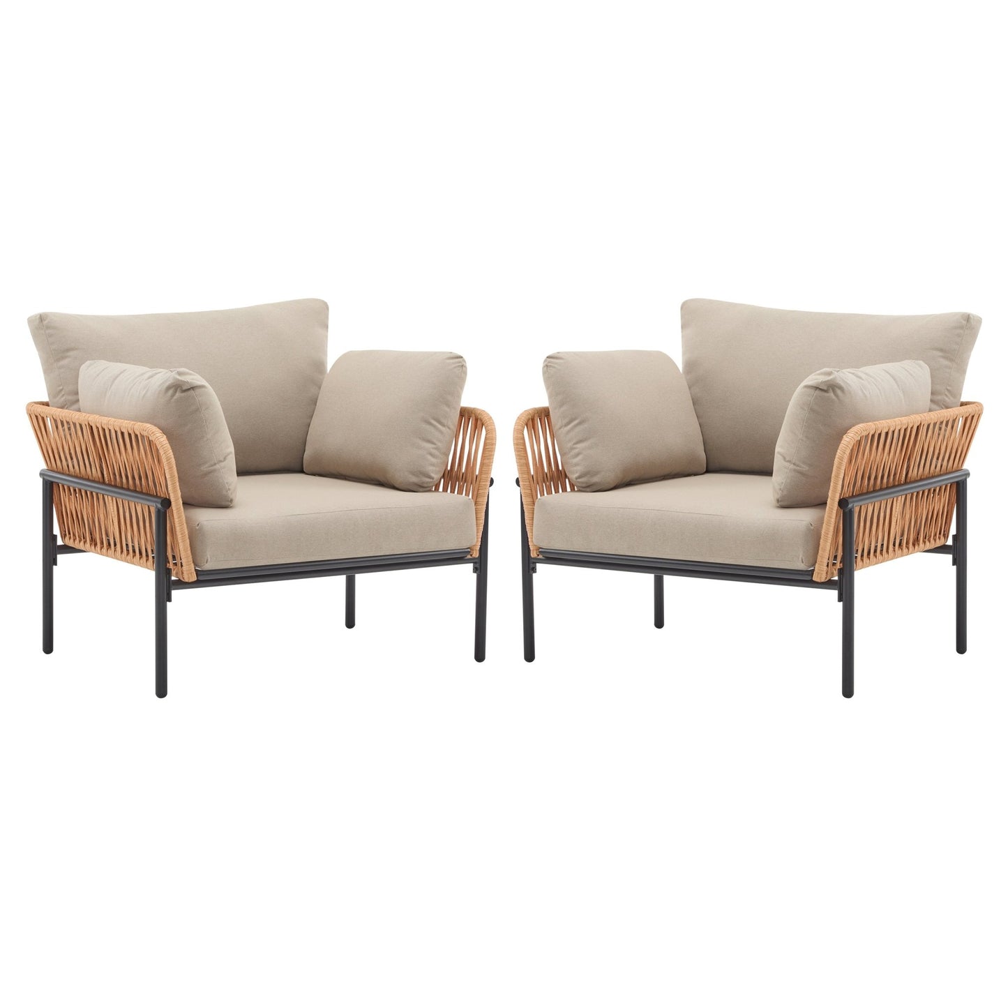 Set of 2 Lounge Chairs with Cushions, Beige and Light Wood - Tone Rope Accents, Iron and PE Rattan, 36 Inches - 1st Choice Furniture Direct