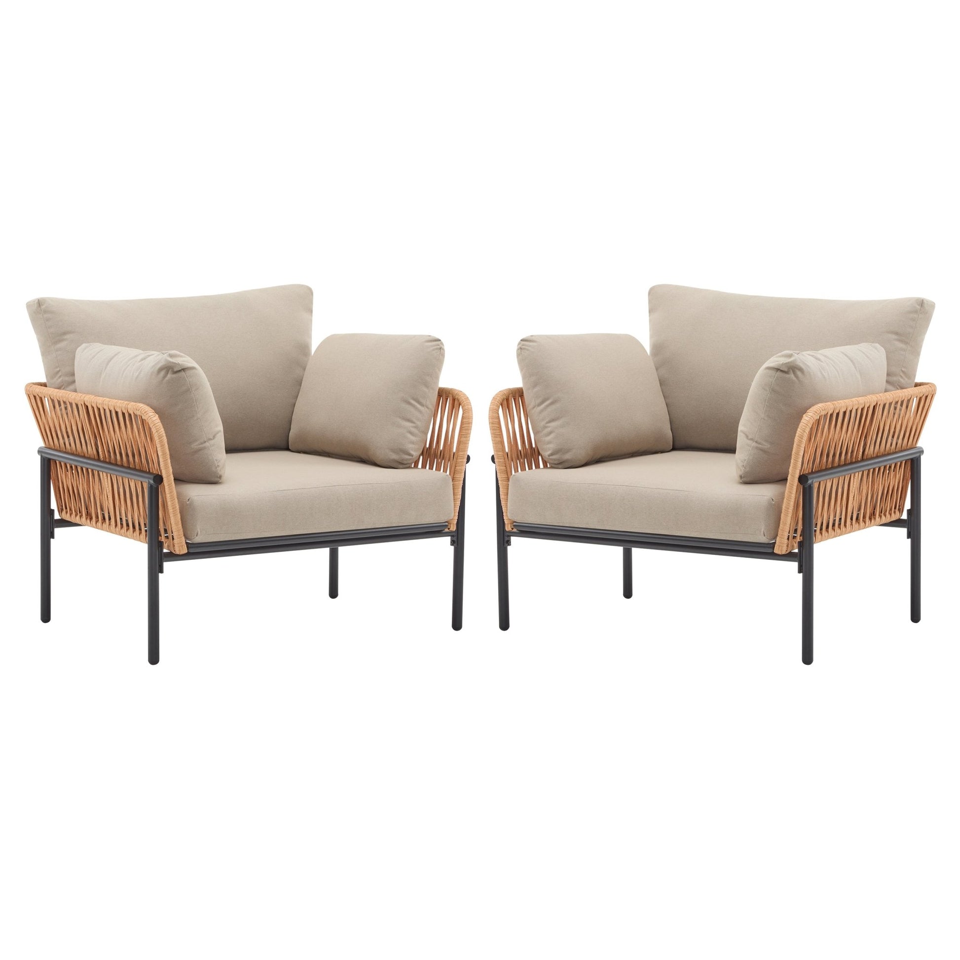 Set of 2 Lounge Chairs with Cushions, Beige and Light Wood - Tone Rope Accents, Iron and PE Rattan, 36 Inches - 1st Choice Furniture Direct