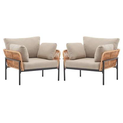 Set of 2 Lounge Chairs with Cushions, Beige and Light Wood - Tone Rope Accents, Iron and PE Rattan, 36 Inches - 1st Choice Furniture Direct