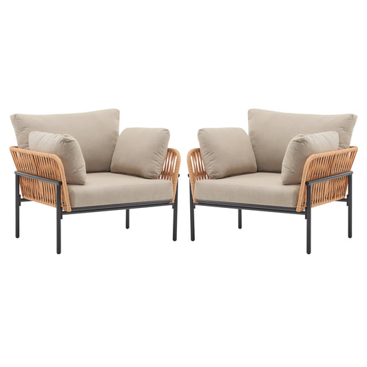 Set of 2 Lounge Chairs with Cushions, Beige and Light Wood - Tone Rope Accents, Iron and PE Rattan, 36 Inches - 1st Choice Furniture Direct