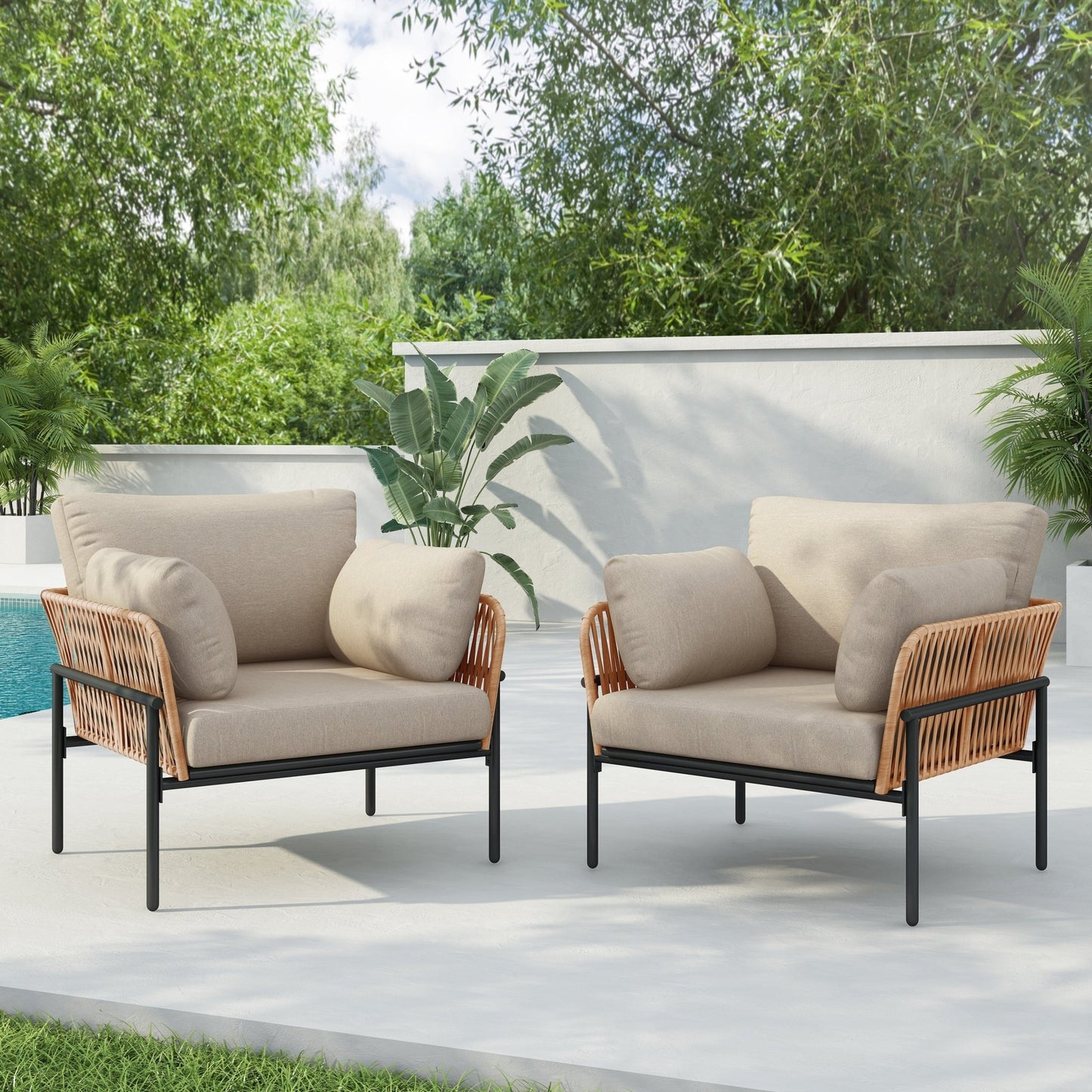 Set of 2 Lounge Chairs with Cushions, Beige and Light Wood - Tone Rope Accents, Iron and PE Rattan, 36 Inches - 1st Choice Furniture Direct