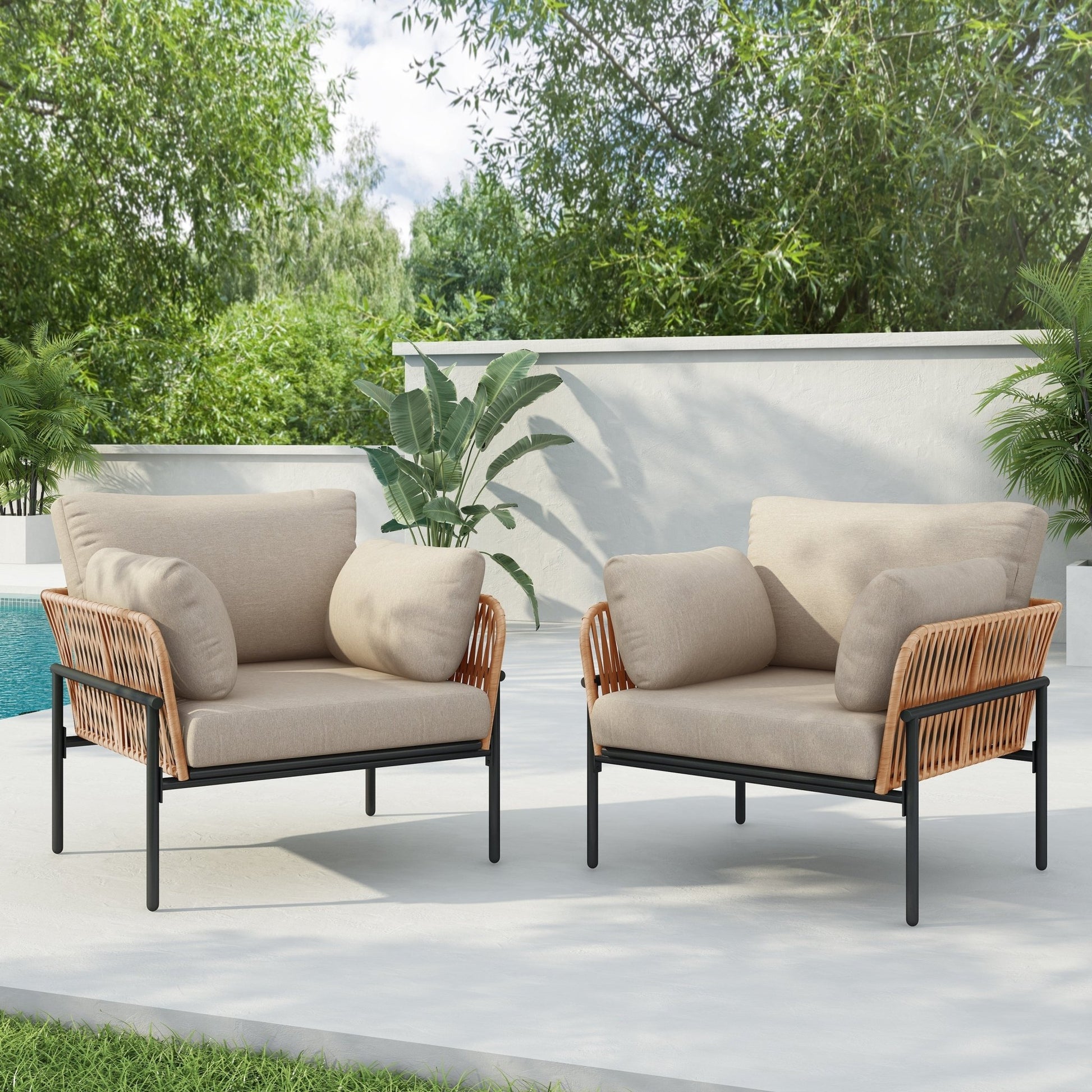 Set of 2 Lounge Chairs with Cushions, Beige and Light Wood - Tone Rope Accents, Iron and PE Rattan, 36 Inches - 1st Choice Furniture Direct