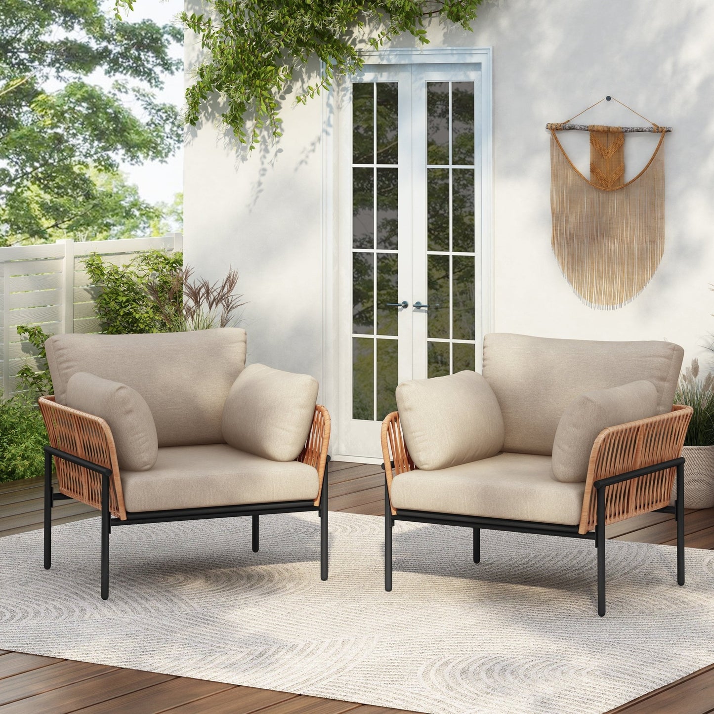 Set of 2 Lounge Chairs with Cushions, Beige and Light Wood - Tone Rope Accents, Iron and PE Rattan, 36 Inches - 1st Choice Furniture Direct