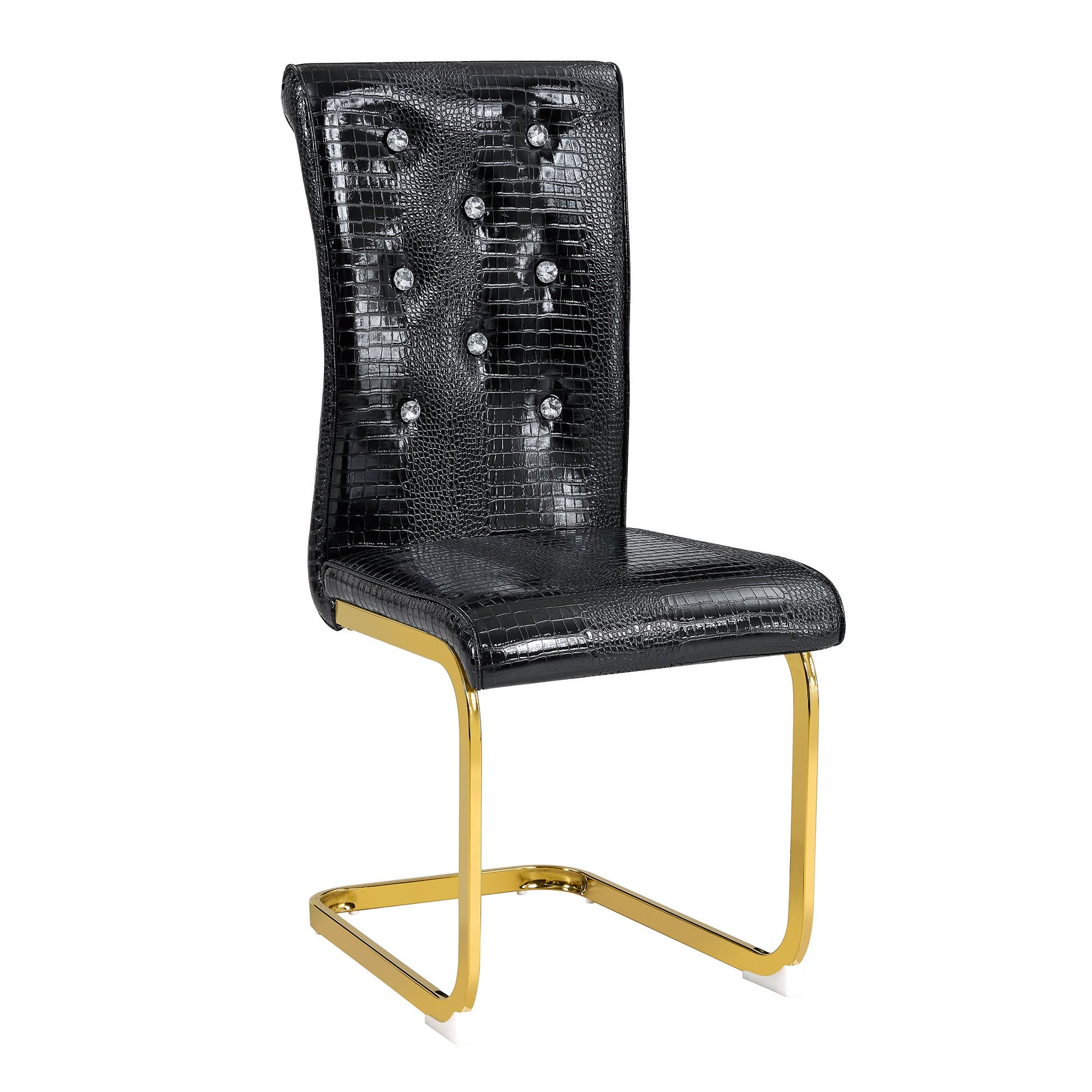 Set of 2 Retro Alligator Skin Upholstered Dining Chairs with Crystal Buckle Design, Black Faux Leather, Gilded Metal Bow Legs - 1st Choice Furniture Direct