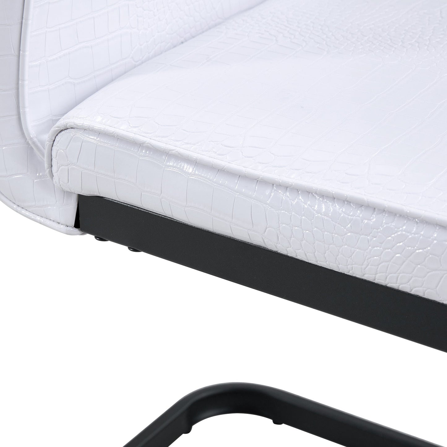 Set of 2 Retro Alligator Skin Upholstered Dining Chairs with Crystal Buckle Design, Black Metal Bow Legs, Faux Leather in White - 1st Choice Furniture Direct