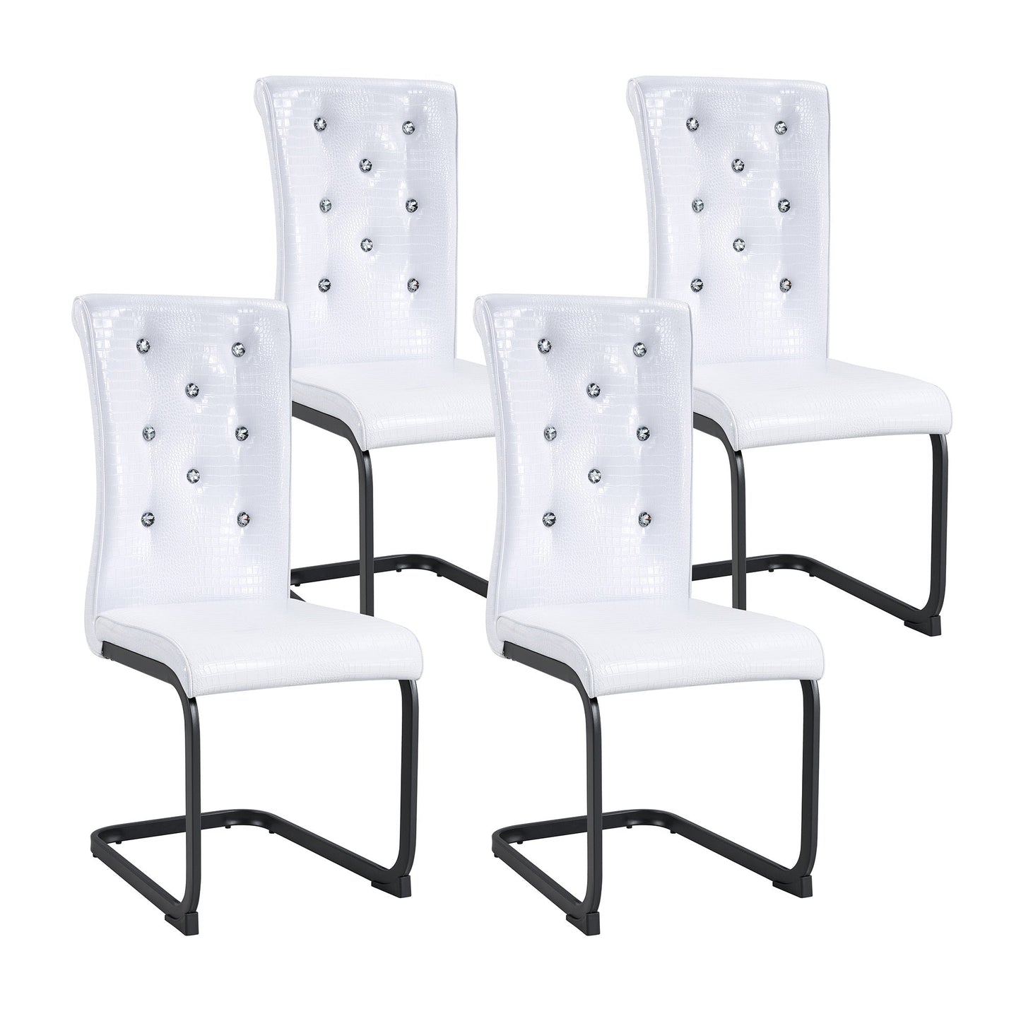 Set of 2 Retro Alligator Skin Upholstered Dining Chairs with Crystal Buckle Design, Black Metal Bow Legs, Faux Leather in White - 1st Choice Furniture Direct