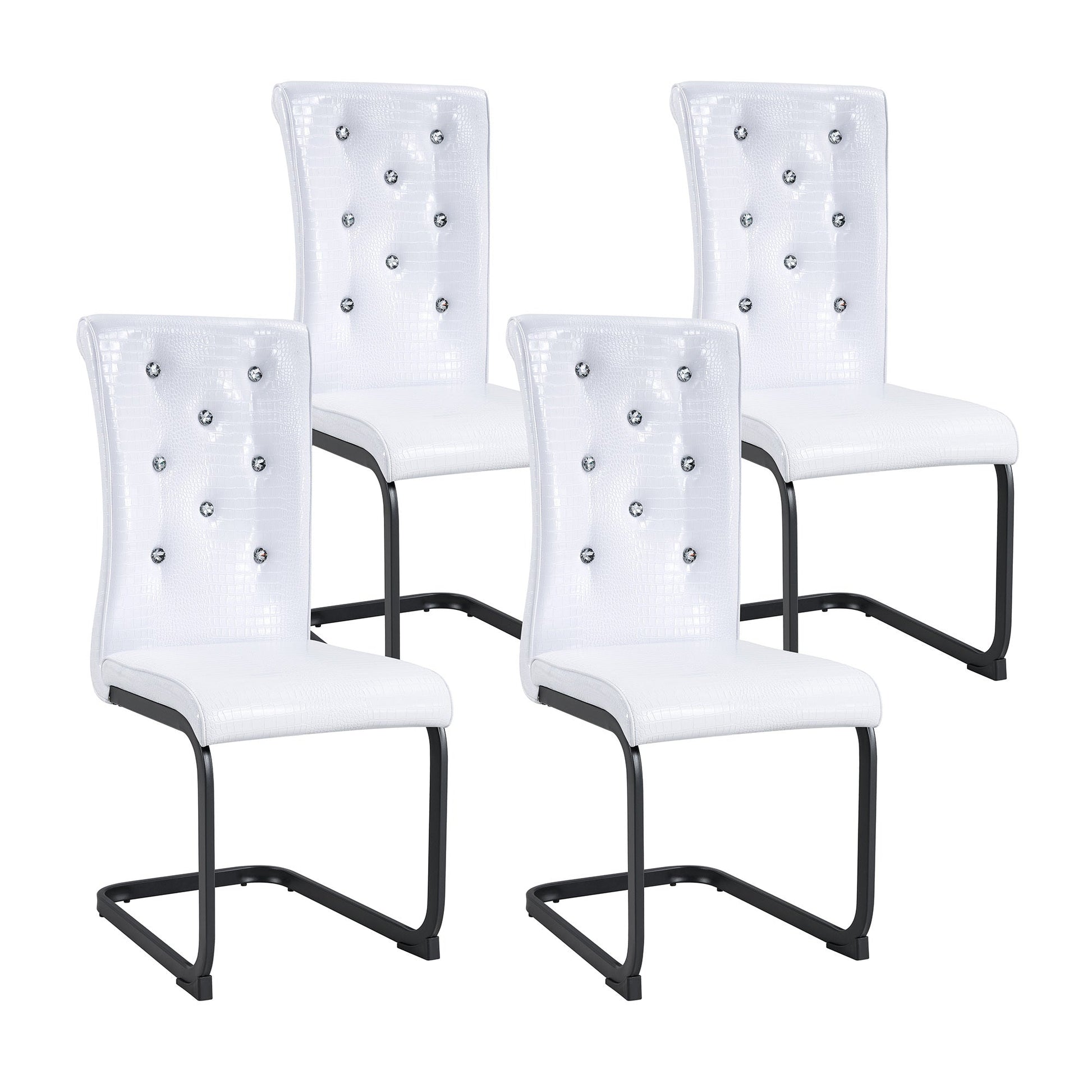 Set of 2 Retro Alligator Skin Upholstered Dining Chairs with Crystal Buckle Design, Black Metal Bow Legs, Faux Leather in White - 1st Choice Furniture Direct