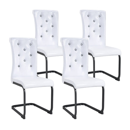 Set of 2 Retro Alligator Skin Upholstered Dining Chairs with Crystal Buckle Design, Black Metal Bow Legs, Faux Leather in White - 1st Choice Furniture Direct
