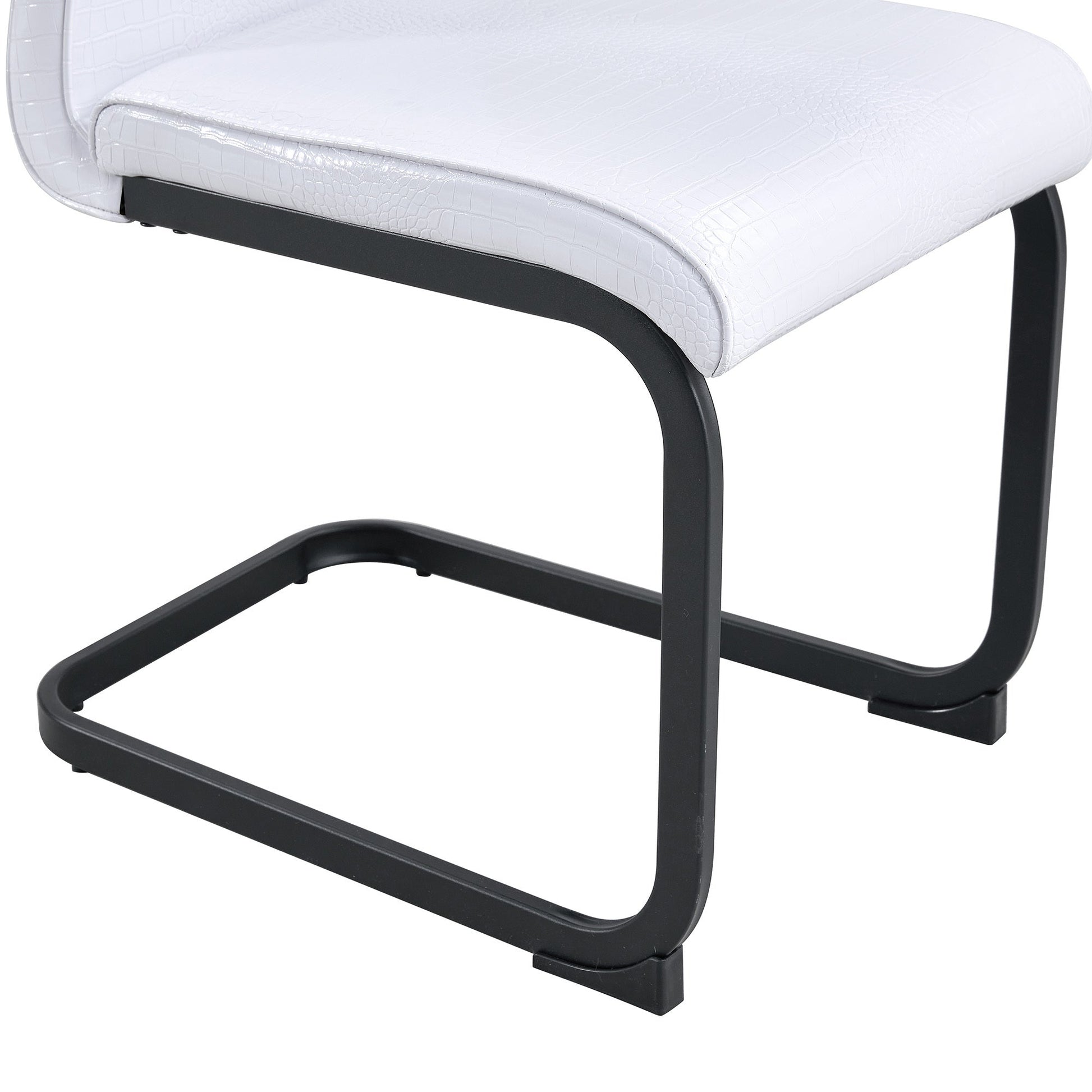 Set of 2 Retro Alligator Skin Upholstered Dining Chairs with Crystal Buckle Design, Black Metal Bow Legs, Faux Leather in White - 1st Choice Furniture Direct