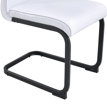 Set of 2 Retro Alligator Skin Upholstered Dining Chairs with Crystal Buckle Design, Black Metal Bow Legs, Faux Leather in White - 1st Choice Furniture Direct