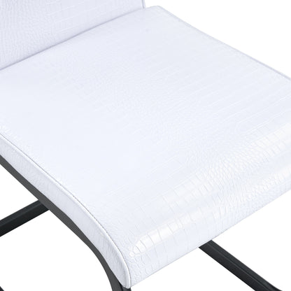 Set of 2 Retro Alligator Skin Upholstered Dining Chairs with Crystal Buckle Design, Black Metal Bow Legs, Faux Leather in White - 1st Choice Furniture Direct