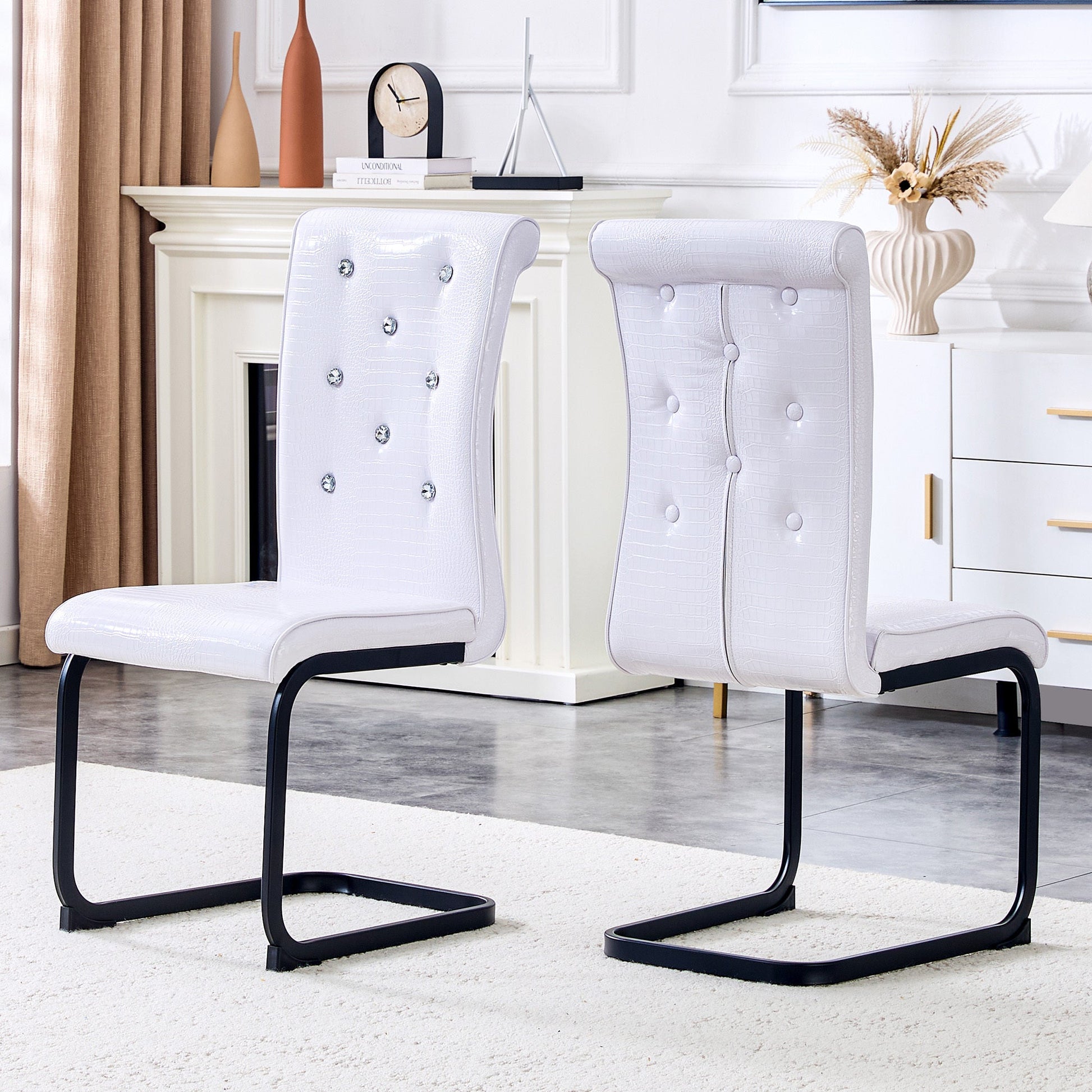 Set of 2 Retro Alligator Skin Upholstered Dining Chairs with Crystal Buckle Design, Black Metal Bow Legs, Faux Leather in White - 1st Choice Furniture Direct