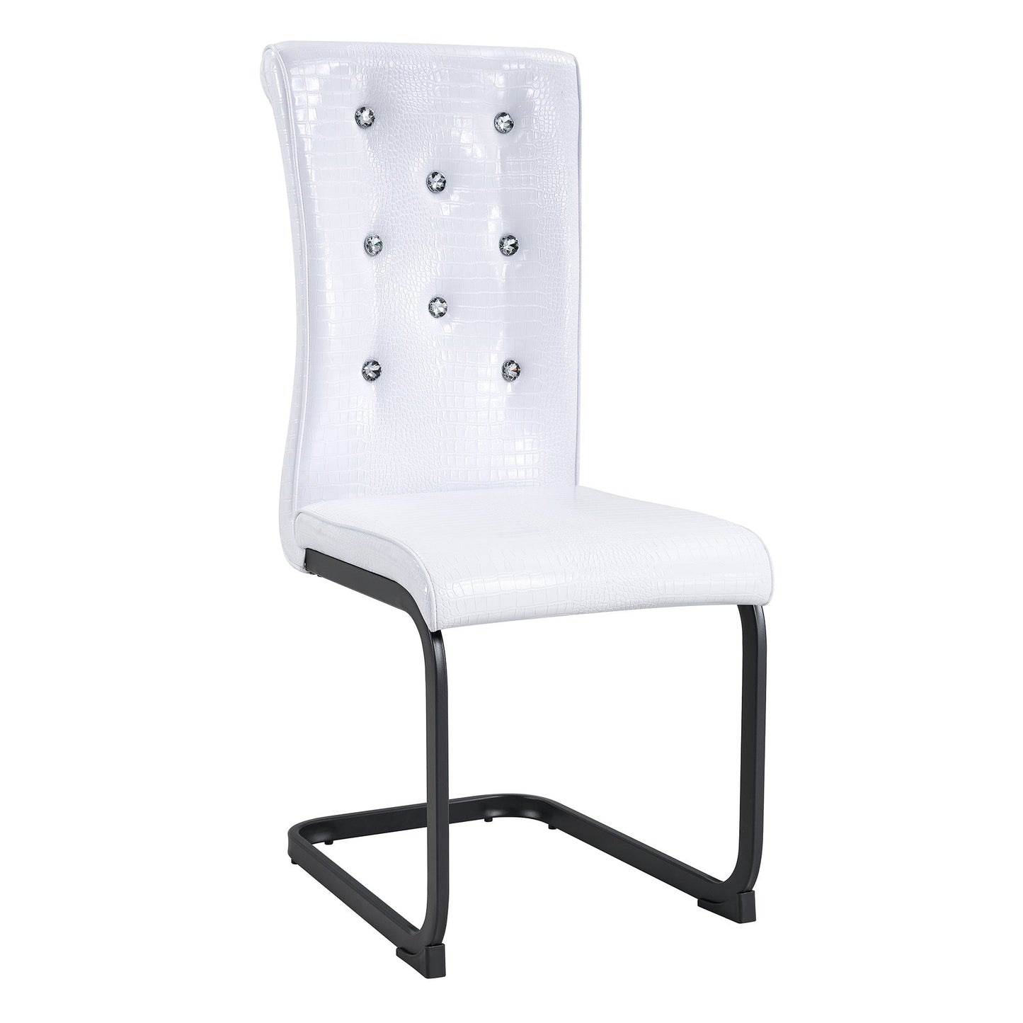 Set of 2 Retro Alligator Skin Upholstered Dining Chairs with Crystal Buckle Design, Black Metal Bow Legs, Faux Leather in White - 1st Choice Furniture Direct