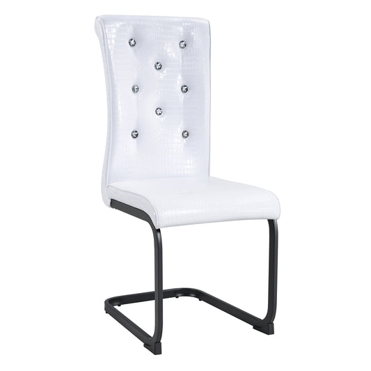 Set of 2 Retro Alligator Skin Upholstered Dining Chairs with Crystal Buckle Design, Black Metal Bow Legs, Faux Leather in White - 1st Choice Furniture Direct