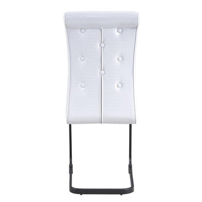 Set of 2 Retro Alligator Skin Upholstered Dining Chairs with Crystal Buckle Design, Black Metal Bow Legs, Faux Leather in White - 1st Choice Furniture Direct