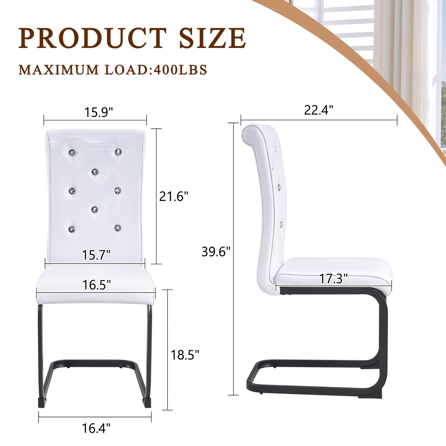 Set of 2 Retro Alligator Skin Upholstered Dining Chairs with Crystal Buckle Design, Black Metal Bow Legs, Faux Leather in White - 1st Choice Furniture Direct