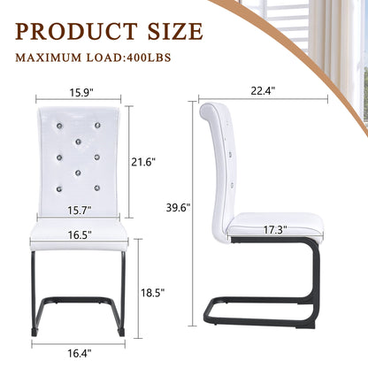 Set of 2 Retro Alligator Skin Upholstered Dining Chairs with Crystal Buckle Design, Black Metal Bow Legs, Faux Leather in White - 1st Choice Furniture Direct