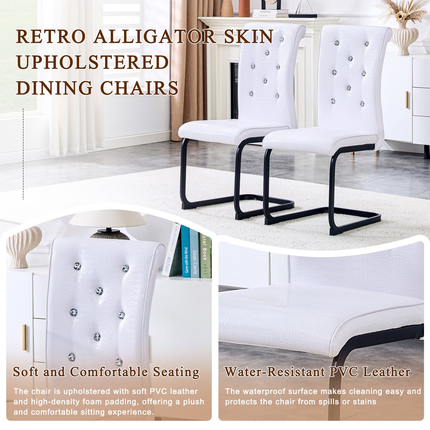 Set of 2 Retro Alligator Skin Upholstered Dining Chairs with Crystal Buckle Design, Black Metal Bow Legs, Faux Leather in White - 1st Choice Furniture Direct