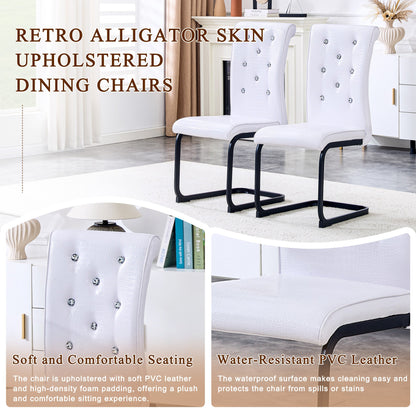 Set of 2 Retro Alligator Skin Upholstered Dining Chairs with Crystal Buckle Design, Black Metal Bow Legs, Faux Leather in White - 1st Choice Furniture Direct