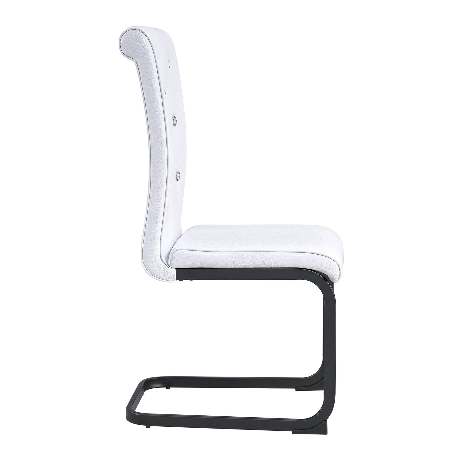 Set of 2 Retro Alligator Skin Upholstered Dining Chairs with Crystal Buckle Design, Black Metal Bow Legs, Faux Leather in White - 1st Choice Furniture Direct