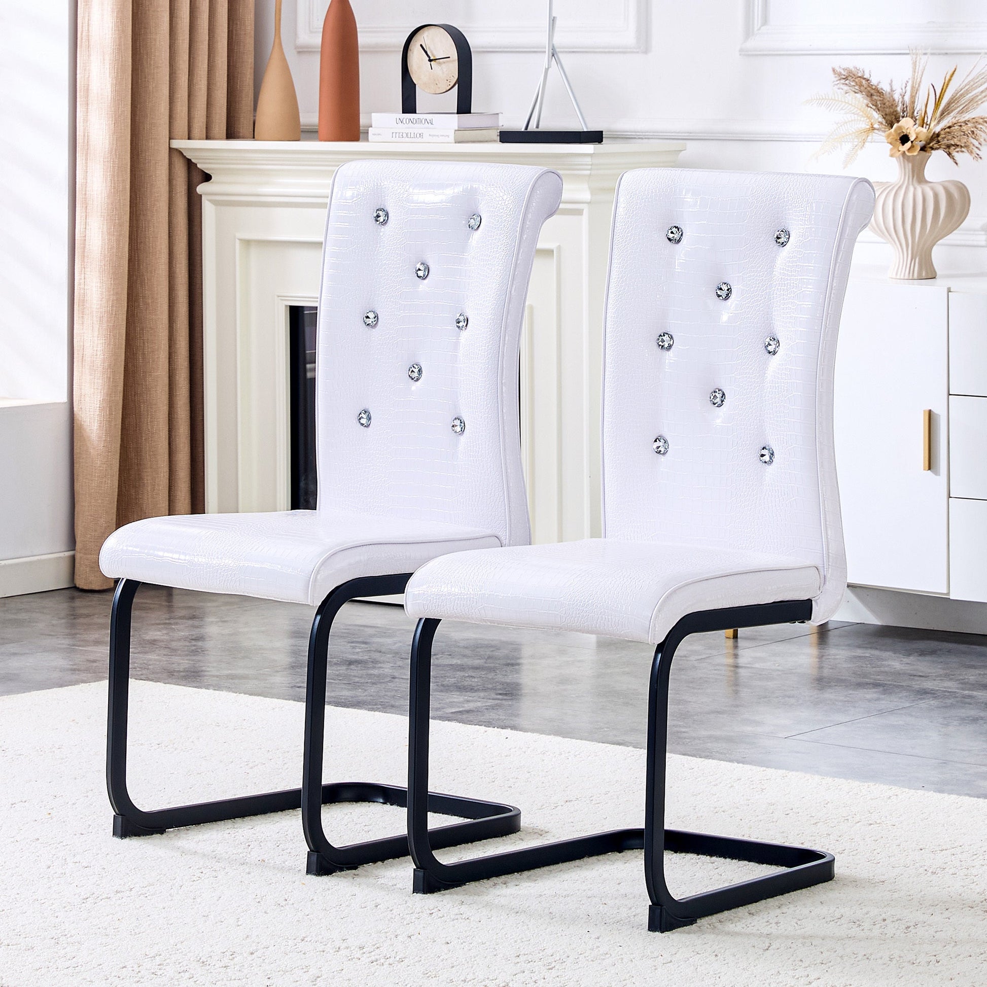 Set of 2 Retro Alligator Skin Upholstered Dining Chairs with Crystal Buckle Design, Black Metal Bow Legs, Faux Leather in White - 1st Choice Furniture Direct