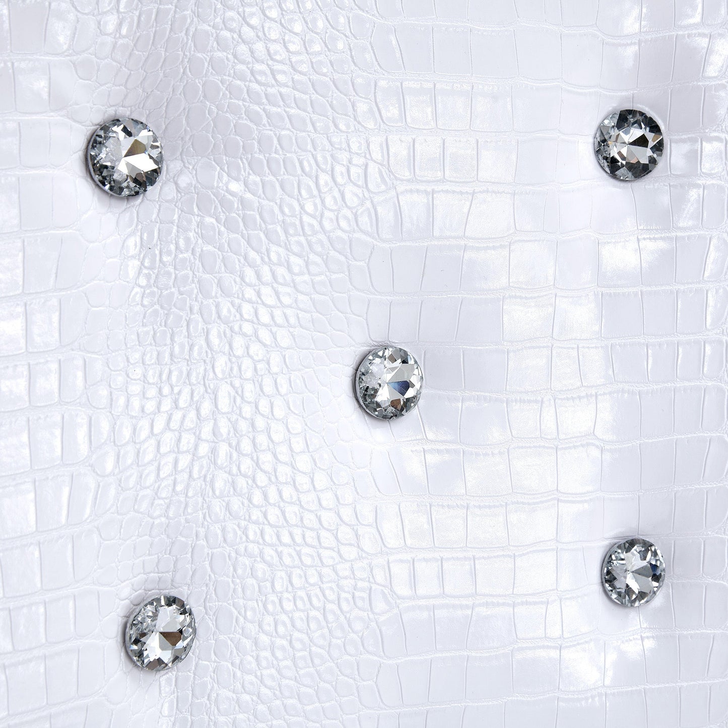 Set of 2 Retro Alligator Skin Upholstered Dining Chairs with Crystal Buckle Design, Black Metal Bow Legs, Faux Leather in White - 1st Choice Furniture Direct