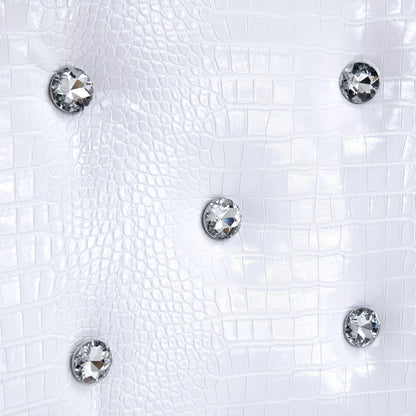 Set of 2 Retro Alligator Skin Upholstered Dining Chairs with Crystal Buckle Design, Black Metal Bow Legs, Faux Leather in White - 1st Choice Furniture Direct