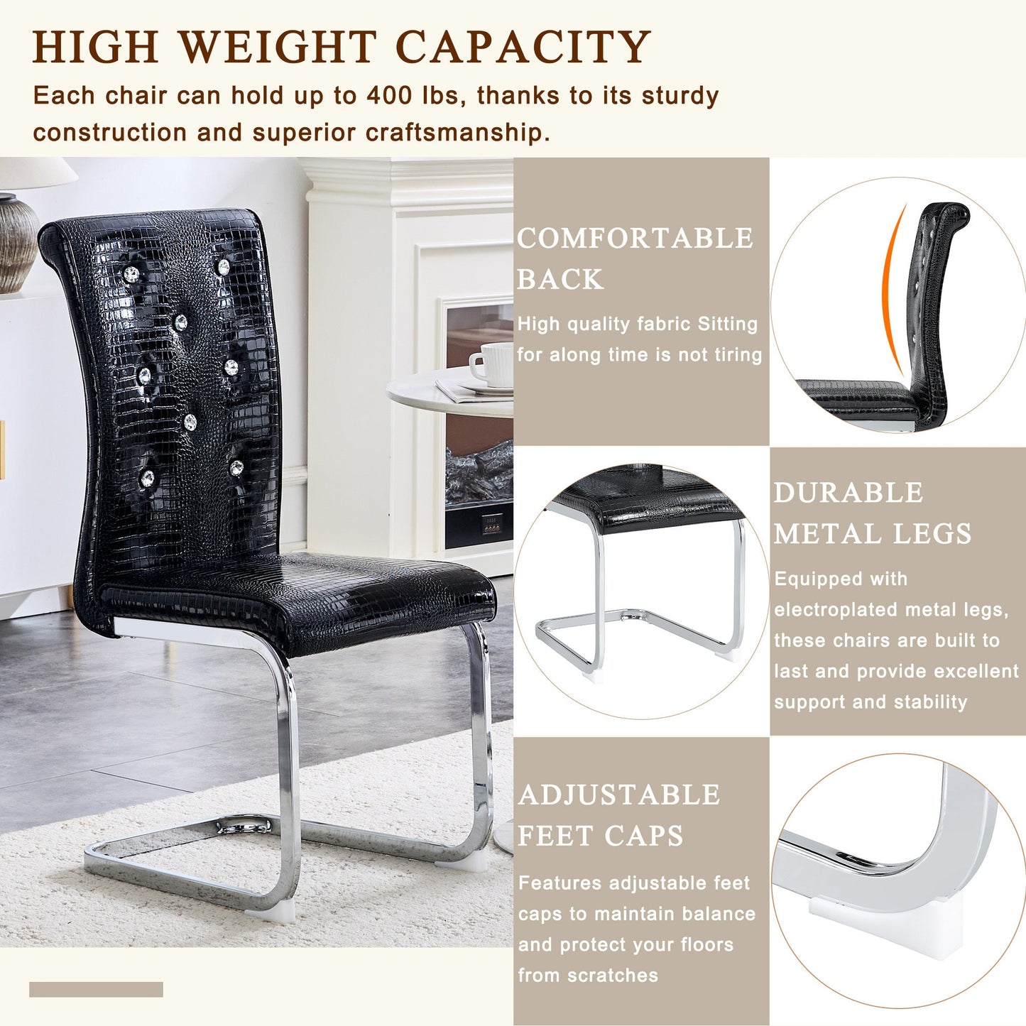 Set of 2 Retro Alligator Skin Upholstered Dining Chairs with Crystal Buckle Design in Black, Faux Leather and Electroplated Metal Legs - 1st Choice Furniture Direct