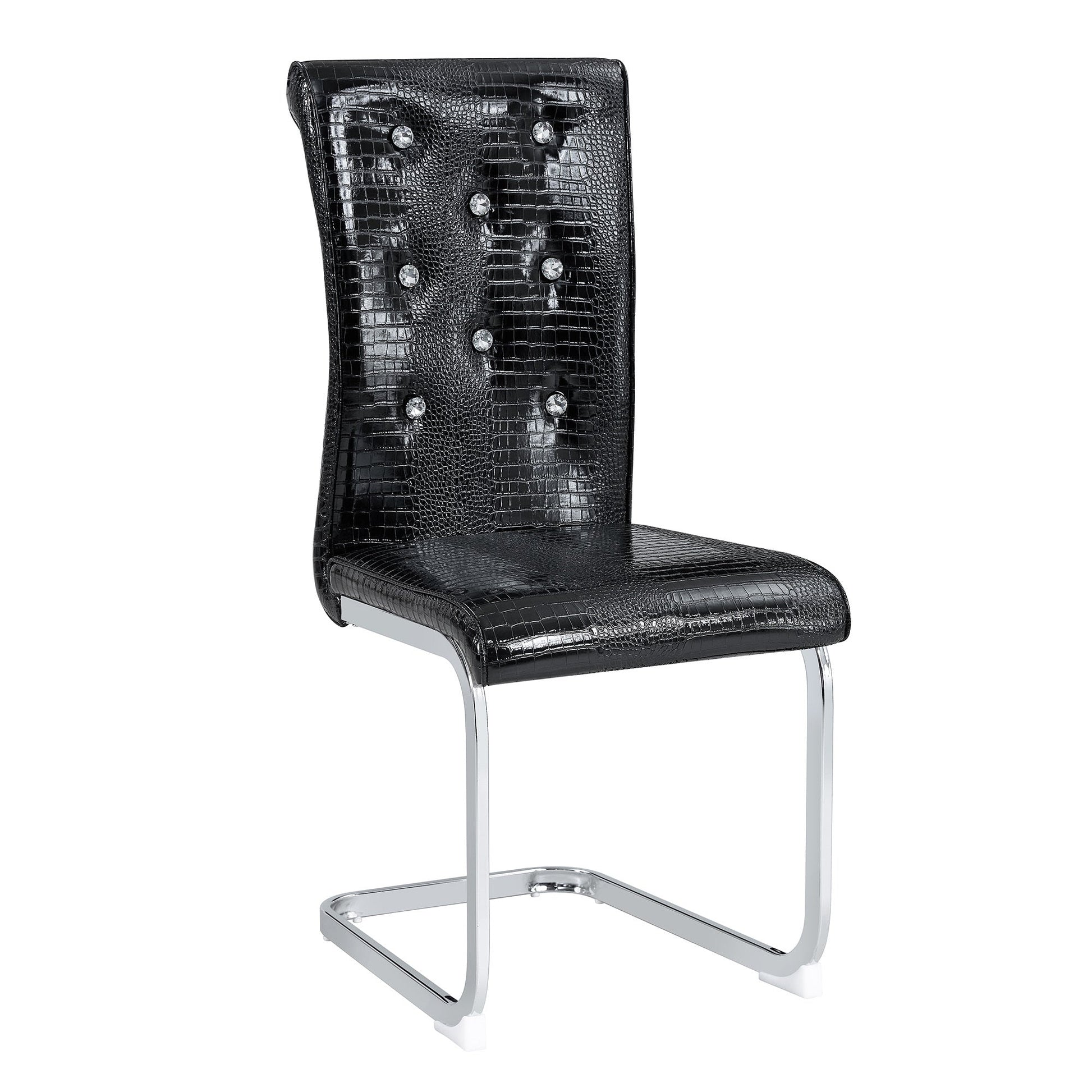 Set of 2 Retro Alligator Skin Upholstered Dining Chairs with Crystal Buckle Design in Black, Faux Leather and Electroplated Metal Legs - 1st Choice Furniture Direct