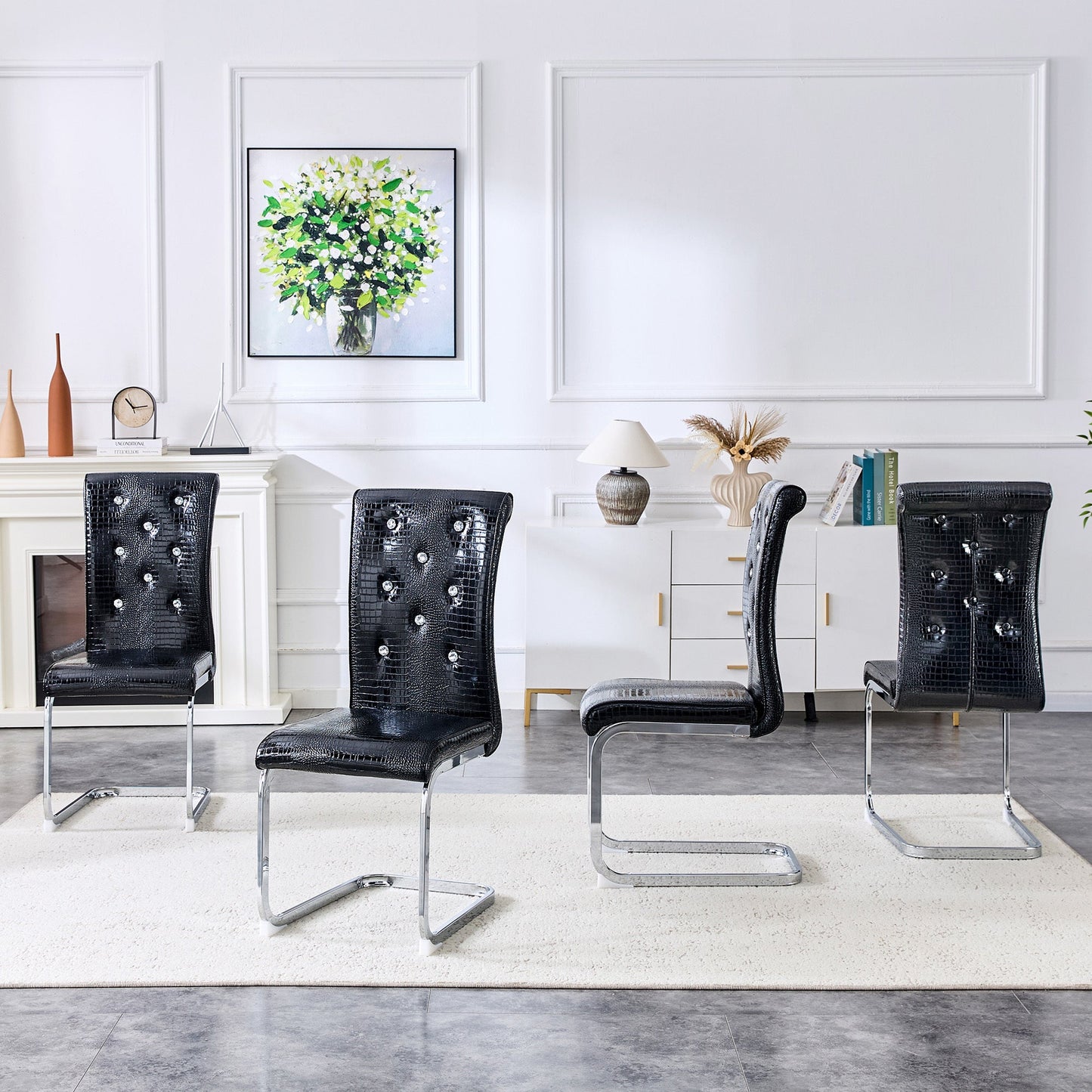 Set of 2 Retro Alligator Skin Upholstered Dining Chairs with Crystal Buckle Design in Black, Faux Leather and Electroplated Metal Legs - 1st Choice Furniture Direct