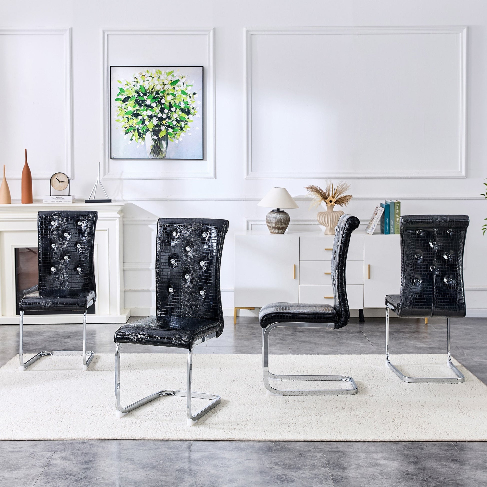 Set of 2 Retro Alligator Skin Upholstered Dining Chairs with Crystal Buckle Design in Black, Faux Leather and Electroplated Metal Legs - 1st Choice Furniture Direct