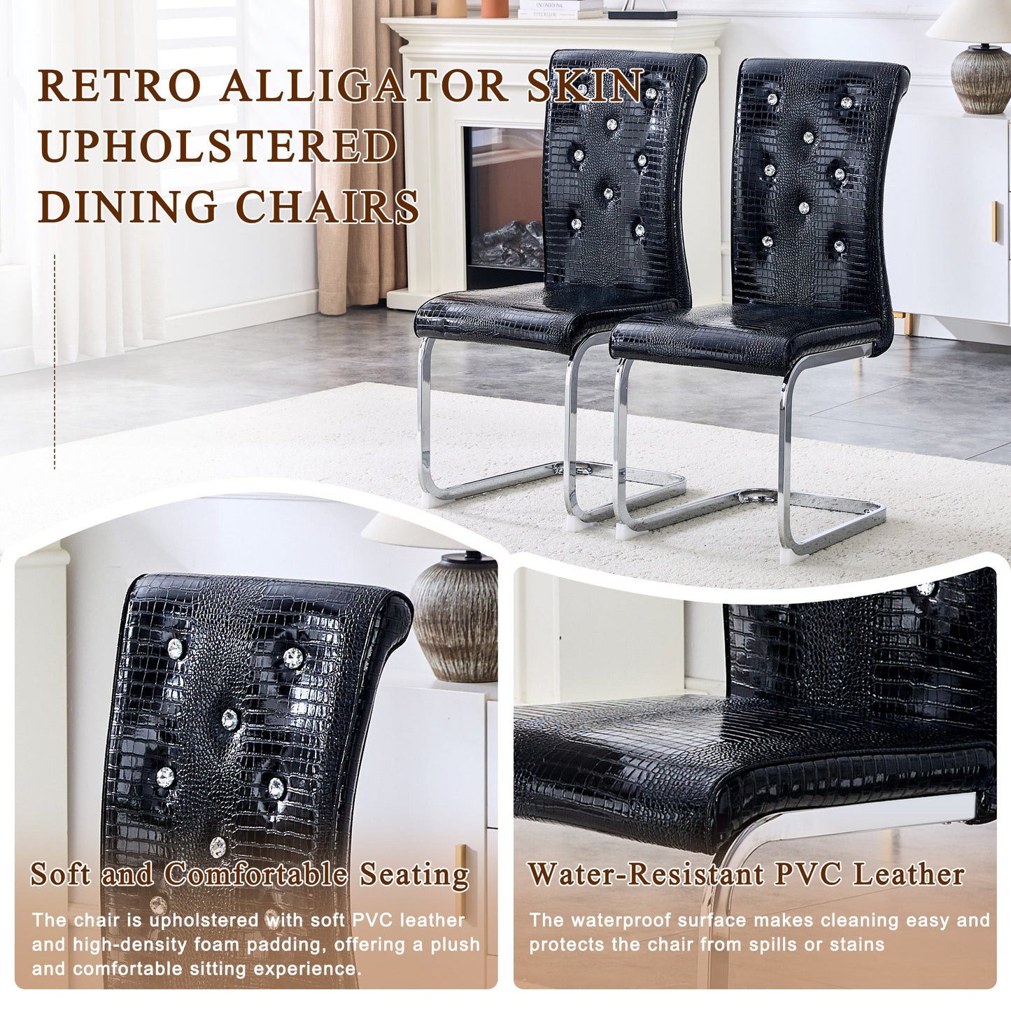 Set of 2 Retro Alligator Skin Upholstered Dining Chairs with Crystal Buckle Design in Black, Faux Leather and Electroplated Metal Legs - 1st Choice Furniture Direct