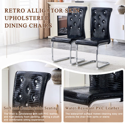 Set of 2 Retro Alligator Skin Upholstered Dining Chairs with Crystal Buckle Design in Black, Faux Leather and Electroplated Metal Legs - 1st Choice Furniture Direct