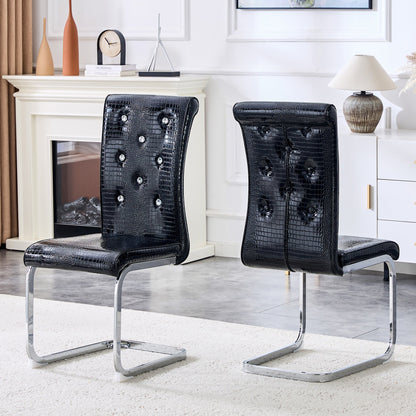 Set of 2 Retro Alligator Skin Upholstered Dining Chairs with Crystal Buckle Design in Black, Faux Leather and Electroplated Metal Legs - 1st Choice Furniture Direct