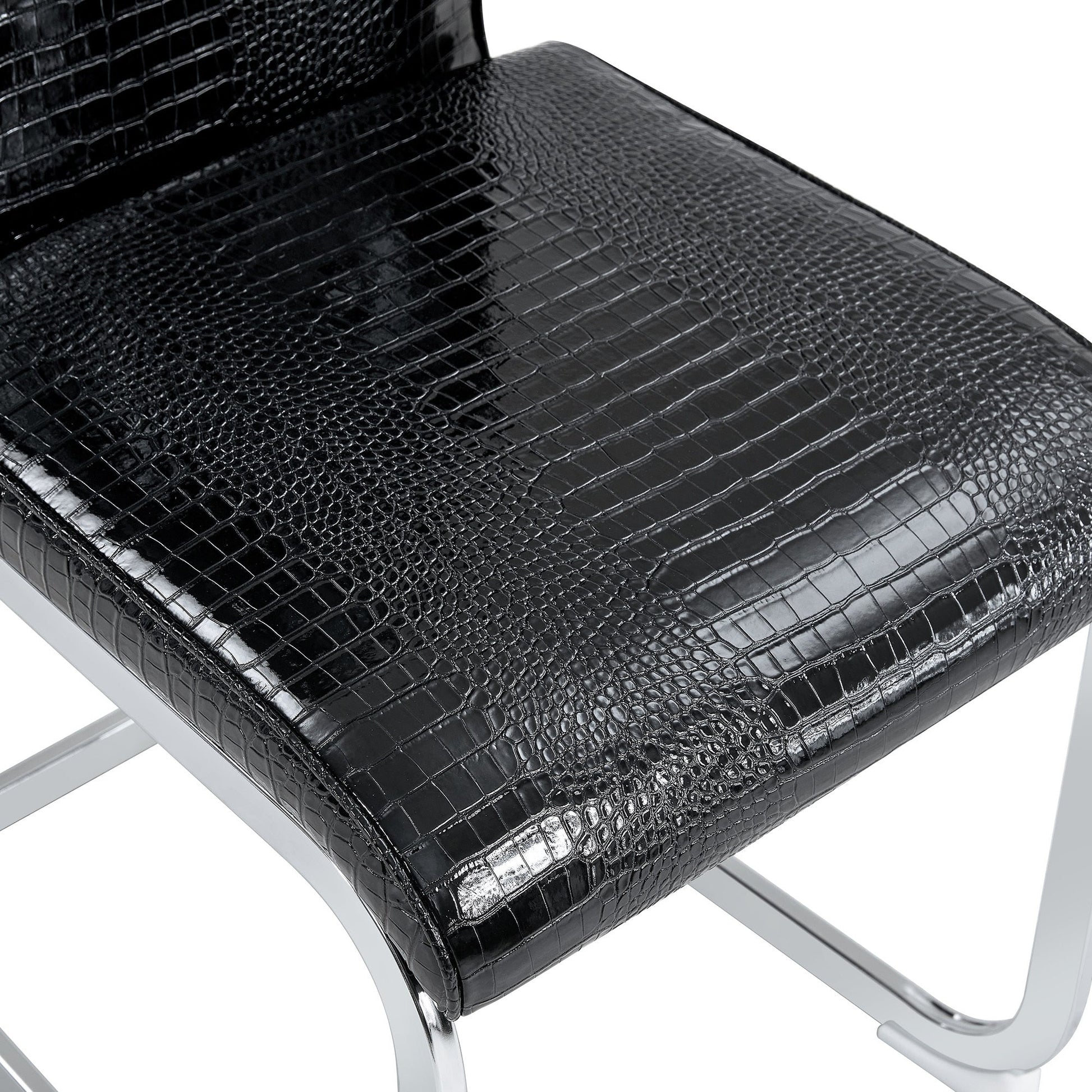 Set of 2 Retro Alligator Skin Upholstered Dining Chairs with Crystal Buckle Design in Black, Faux Leather and Electroplated Metal Legs - 1st Choice Furniture Direct