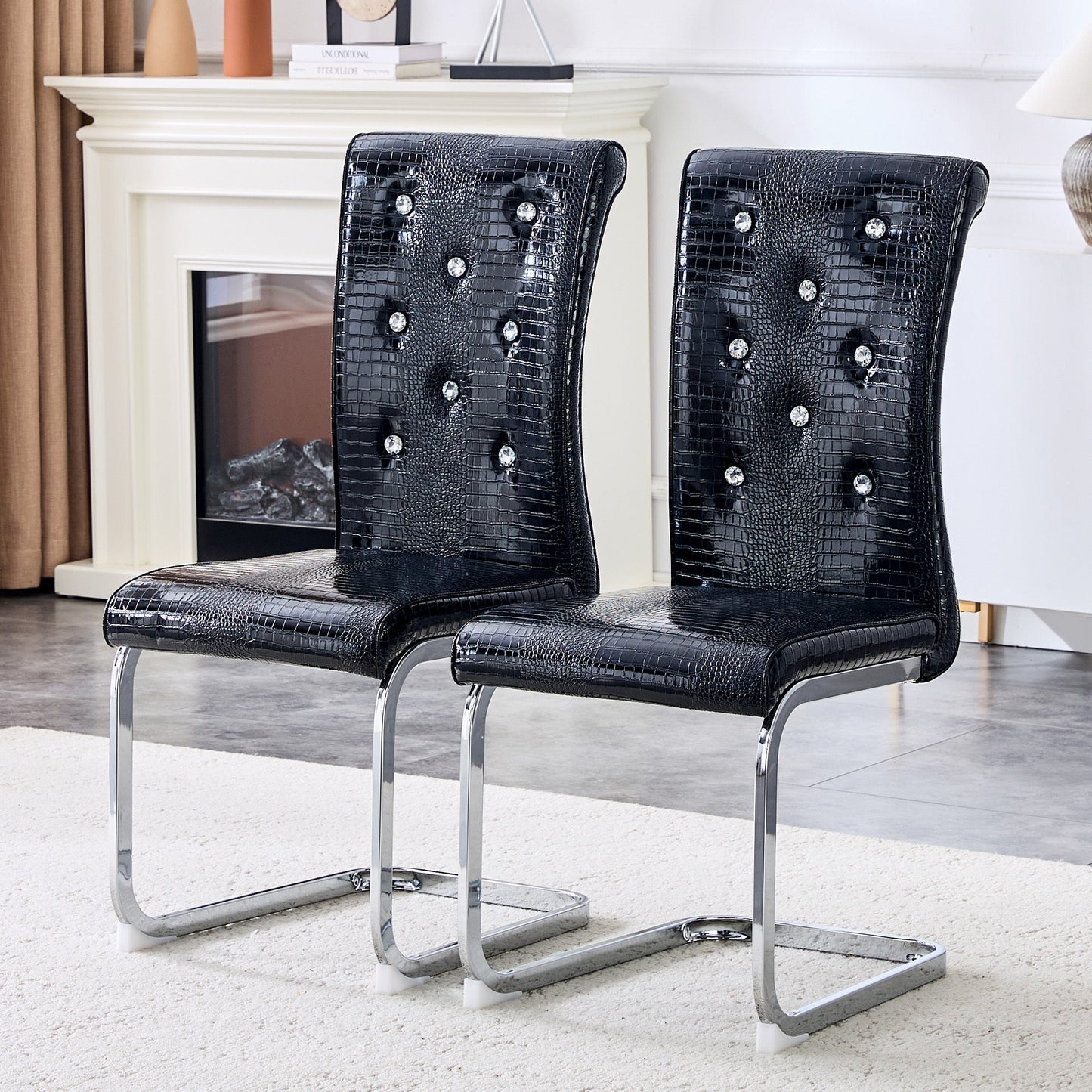 Set of 2 Retro Alligator Skin Upholstered Dining Chairs with Crystal Buckle Design in Black, Faux Leather and Electroplated Metal Legs - 1st Choice Furniture Direct