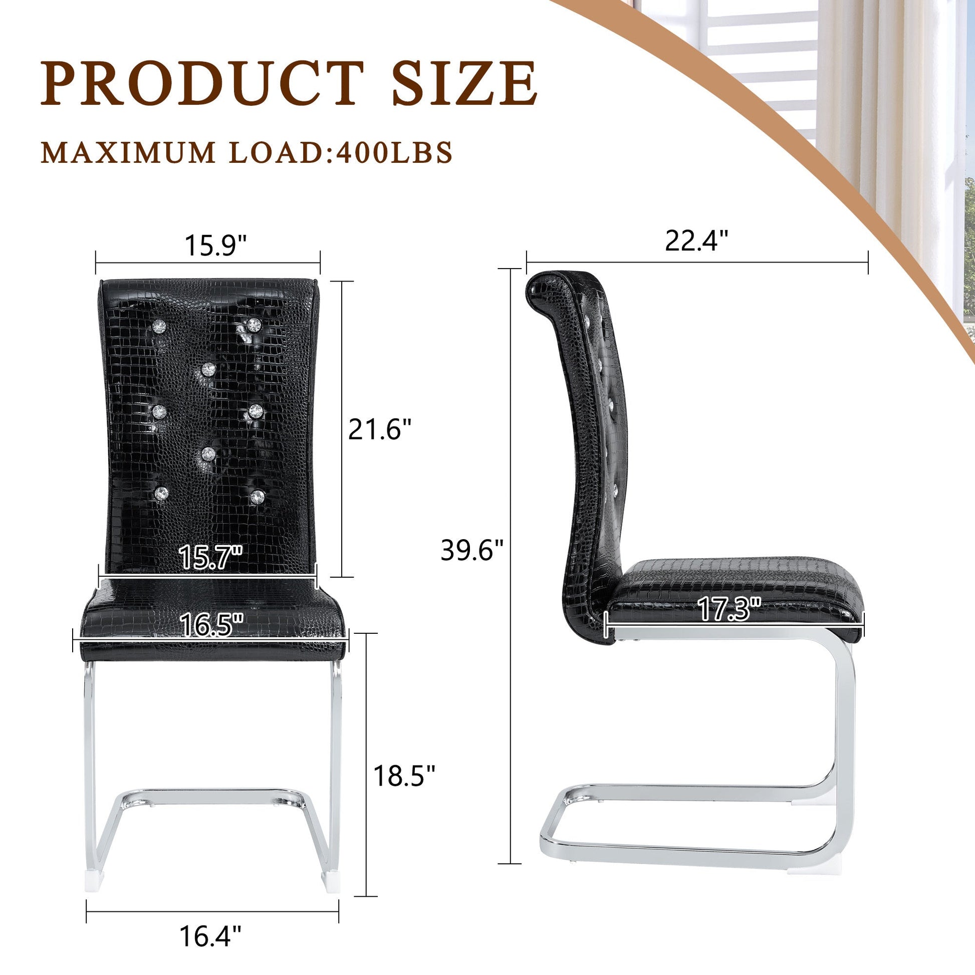 Set of 2 Retro Alligator Skin Upholstered Dining Chairs with Crystal Buckle Design in Black, Faux Leather and Electroplated Metal Legs - 1st Choice Furniture Direct