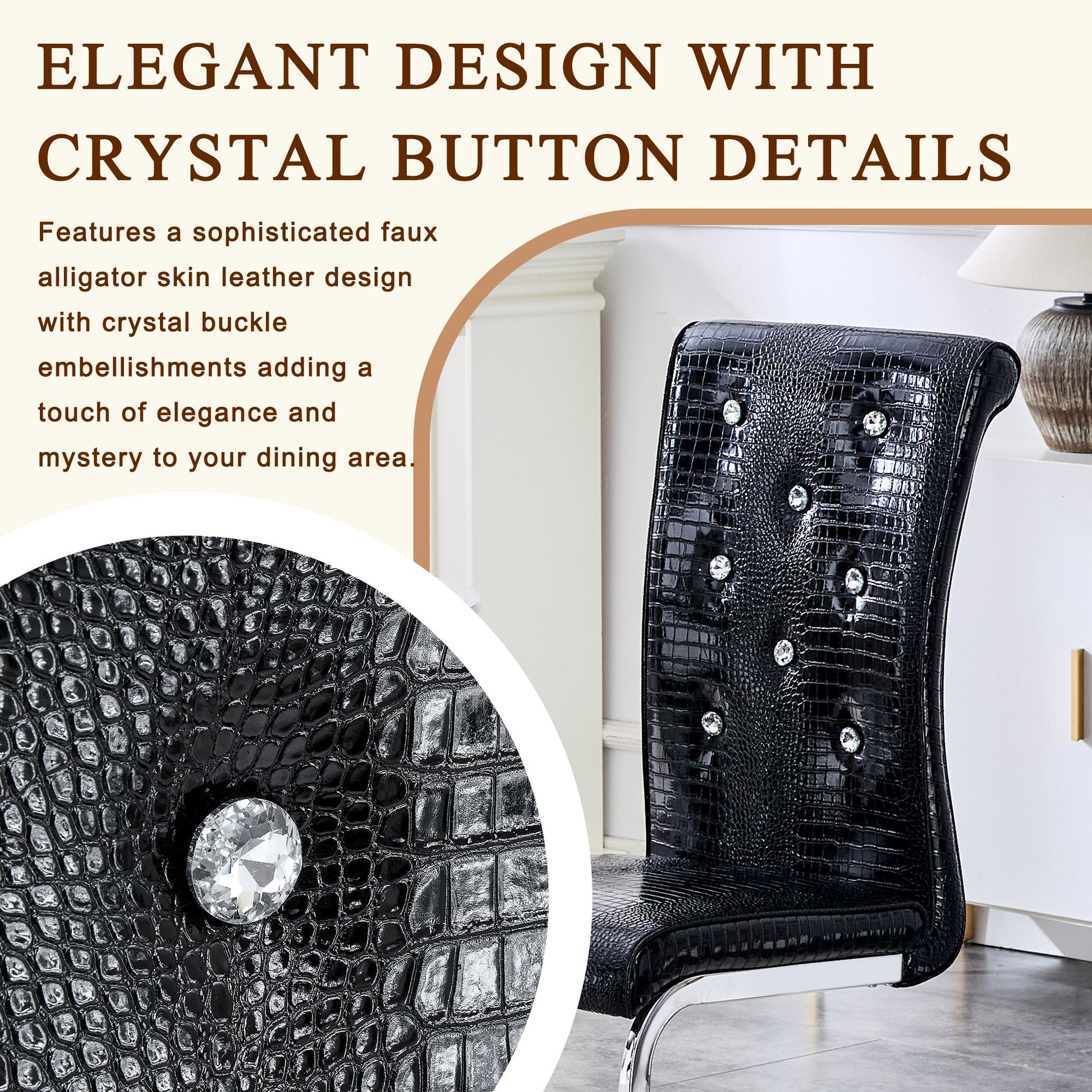 Set of 2 Retro Alligator Skin Upholstered Dining Chairs with Crystal Buckle Design in Black, Faux Leather and Electroplated Metal Legs - 1st Choice Furniture Direct