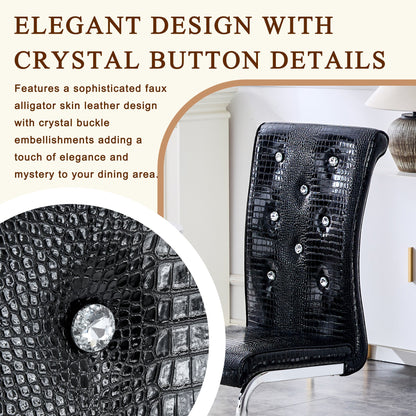 Set of 2 Retro Alligator Skin Upholstered Dining Chairs with Crystal Buckle Design in Black, Faux Leather and Electroplated Metal Legs - 1st Choice Furniture Direct